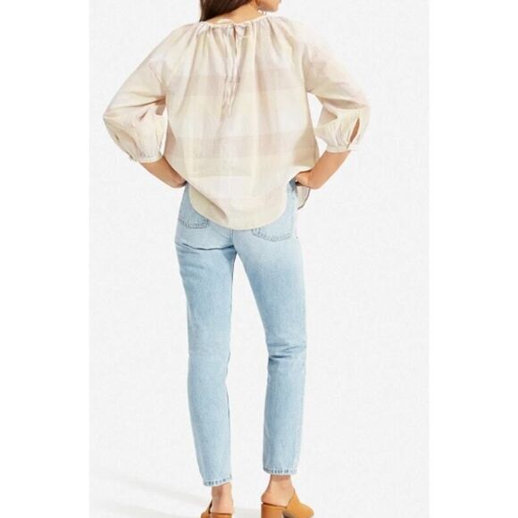 Everlane Blouse Womens Beige Tan Plaid Peasant Relax Balloon Sleeve Top size 00 - Picture 6 of 16